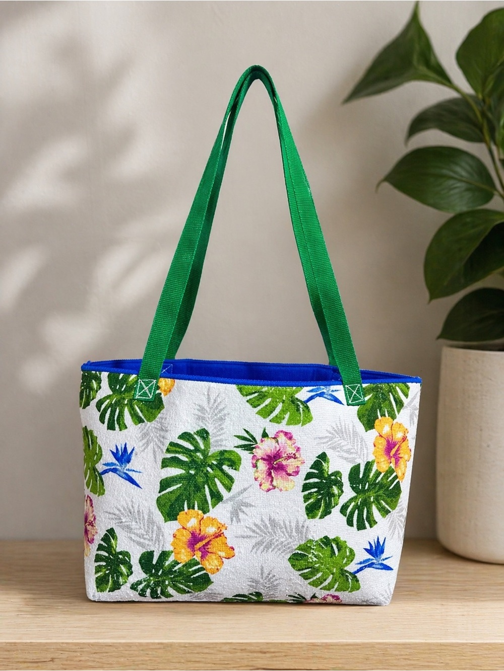 Handcrafted Tropical Floral Canvas Tote Bag in Green reversible